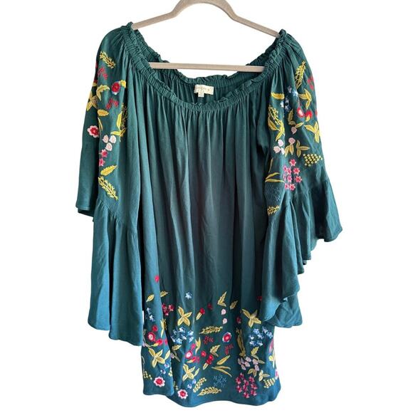 Umgee Teal Embroidered Flowers Off Shoulder Dress Bell Sleeves Boho size XL - Picture 2 of 5